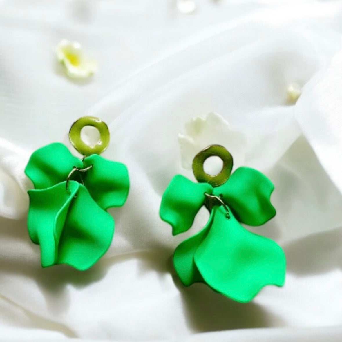 Green - Light green flower earrings | dangle petals statement earrings | unique golden bar floral earrings | bridal party wedding earrings - TuttyKnitty