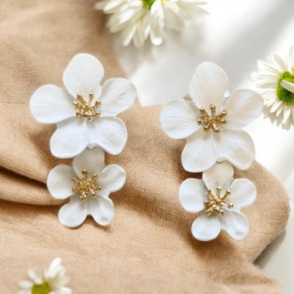 White - flower earrings | dangle petals baroque earrings | unique white matte floral earrings | bridal party wedding earrings