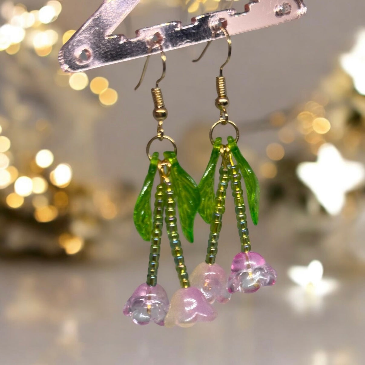 Whimsical - Beaded pink flower earrings | golden leaf mini flower earrings | elegant floral dangle chain earrings