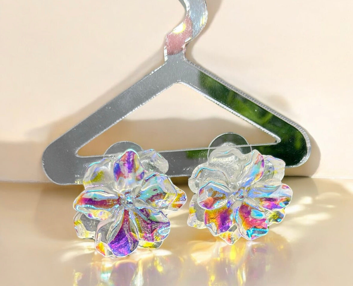 Clear - flower stud earrings | pearlescent petals | minimalist hoop iridescent gold floral earrings | bridal party