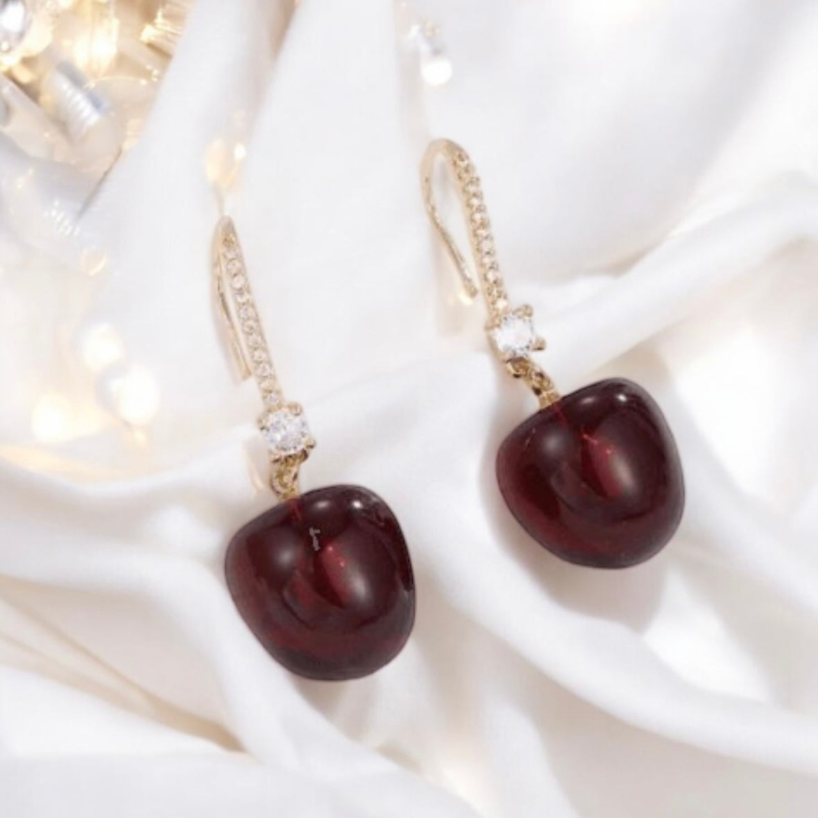 Kawaii - 3D red cherry dangle earrings | fruits dangle earrings | oversize statement | cute kawaii earrings or brooch| burgundy red cherry petals