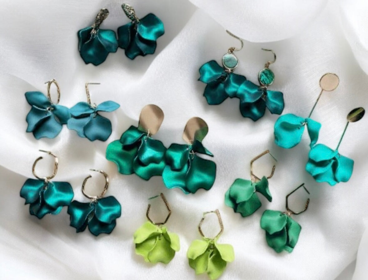 Green - Light green flower earrings | dangle petals statement earrings | unique golden bar floral earrings | bridal party wedding earrings