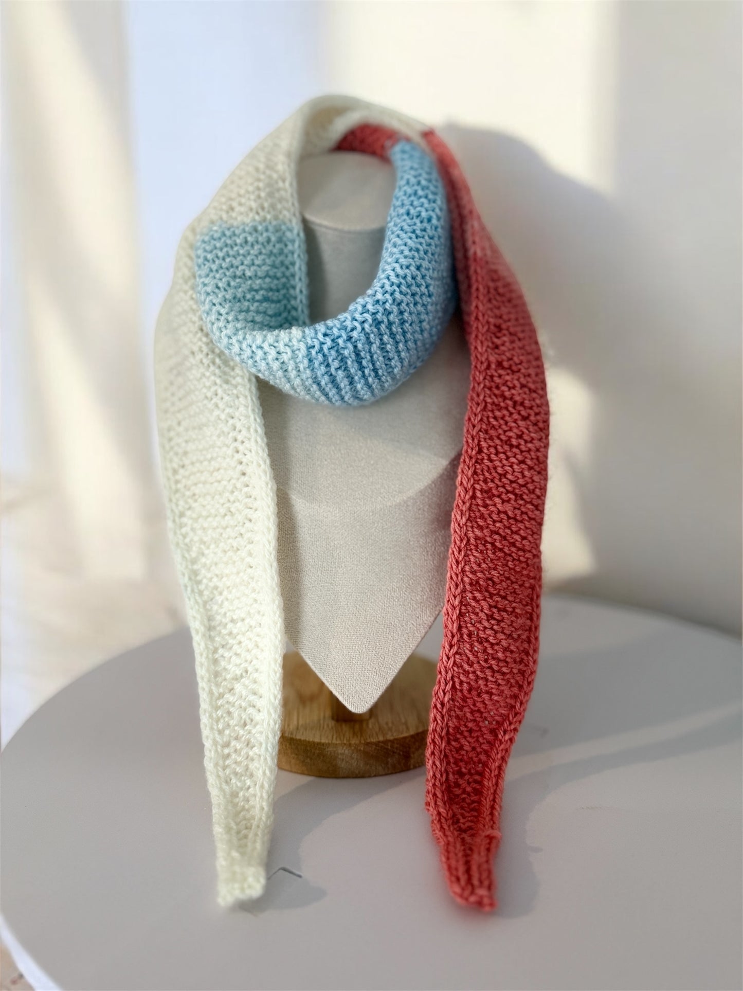 Sophie scarf in red blue and white tricolour | hand knit neckechief | winter wrap | small skinny scaf | handmade gift | tiktok viral scarf
