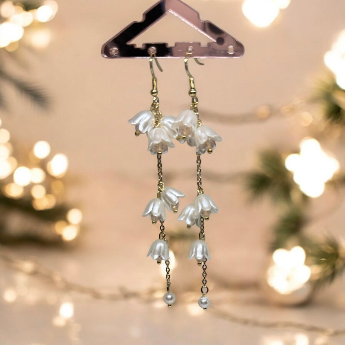 Whimsical - Lily of the valley earrings |Kawaii cute fun chain earrings | korean art colourful dangle | white or pink frosted flower bridal earrings - TuttyKnitty