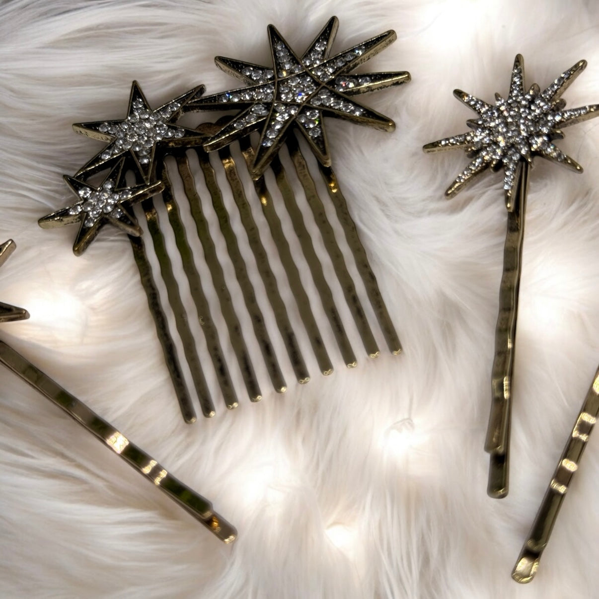 4 pack gold plated glitter stars hair clips and comb with rhinestones | korean hair accessories | vintage celestial hair slides