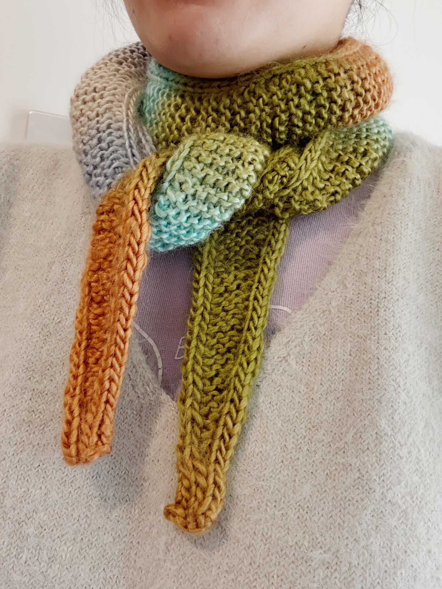 Sophie scarf in brown blue green mix | hand knit neckechief | winter wrap | small skinny scaf | handmade gift | tiktok viral scarf