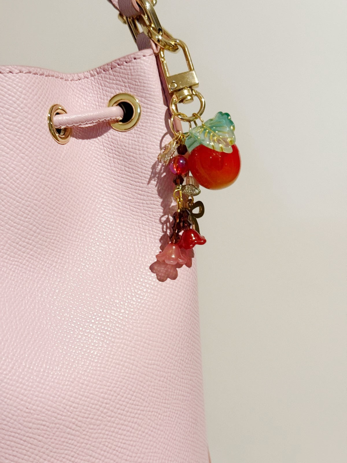 Cherry bag charm | key chain | golden chain with flowers and leaf