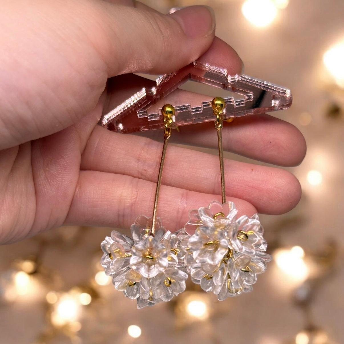 Whimsical - Clear beaded golden flower earrings