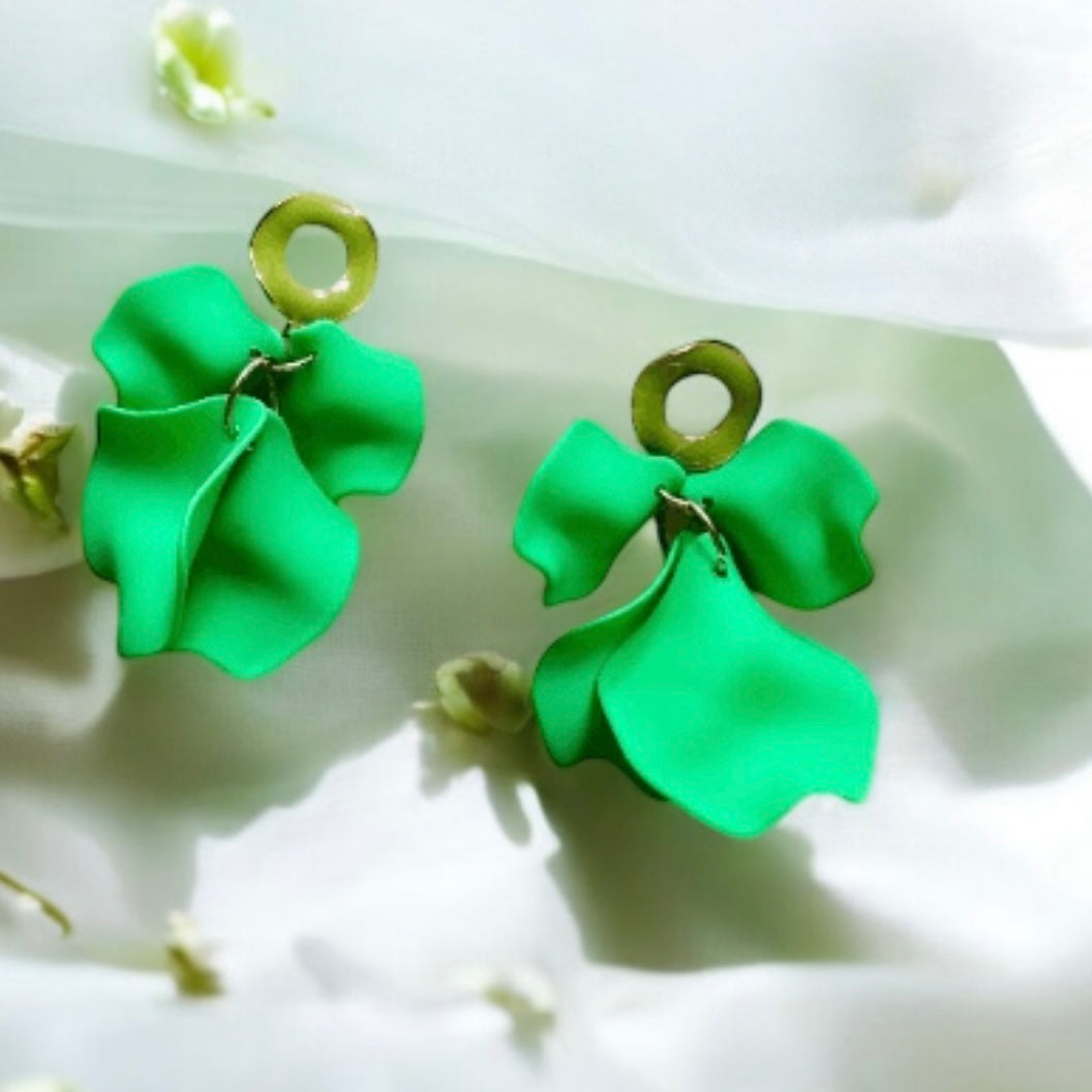 Green - Light green flower earrings | dangle petals statement earrings | unique golden bar floral earrings | bridal party wedding earrings - TuttyKnitty