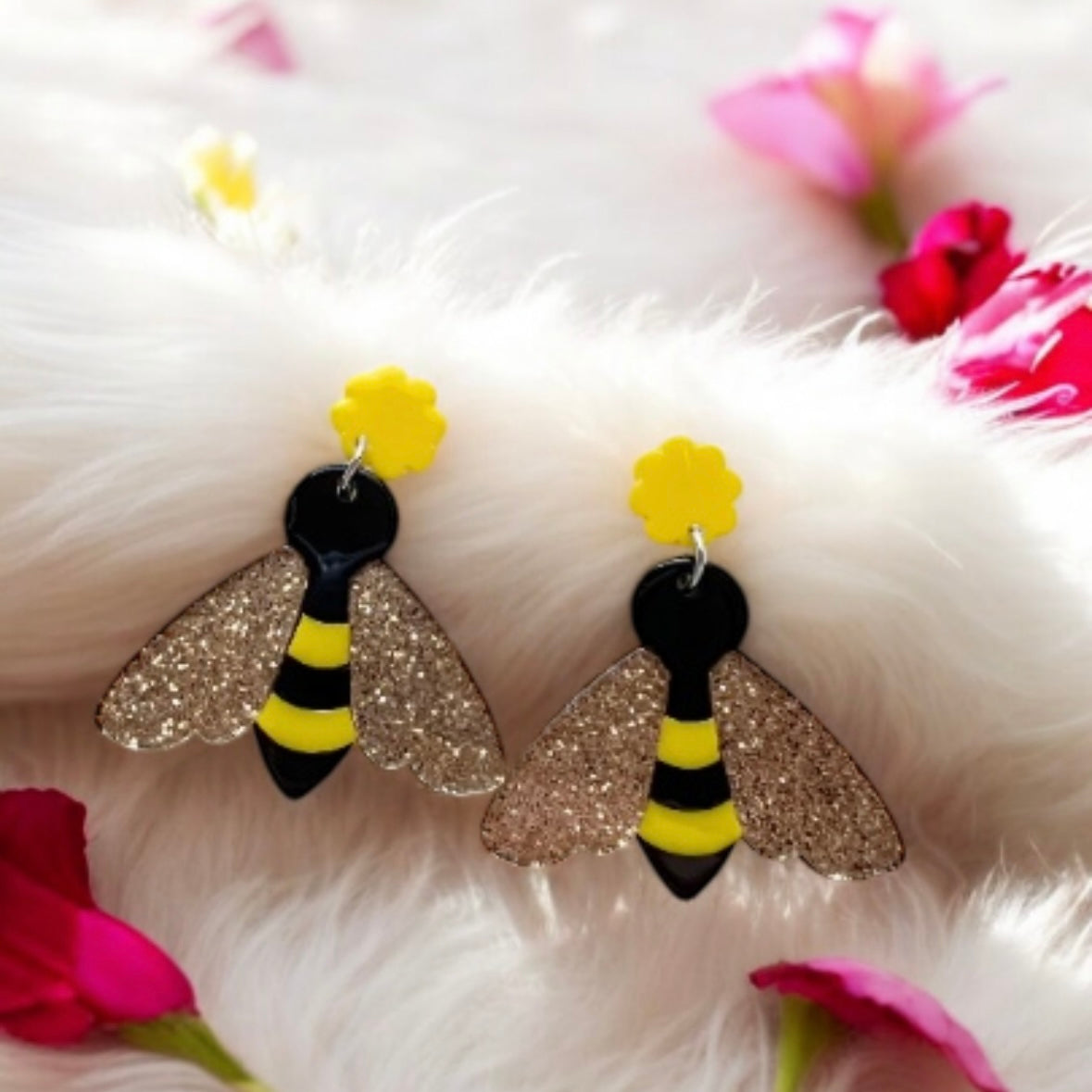 Quirky - Glitter honey bee earrings | Animal zoo earrings | colourful glitters dangle oversize earrings | christmas fun cute kawaii gift