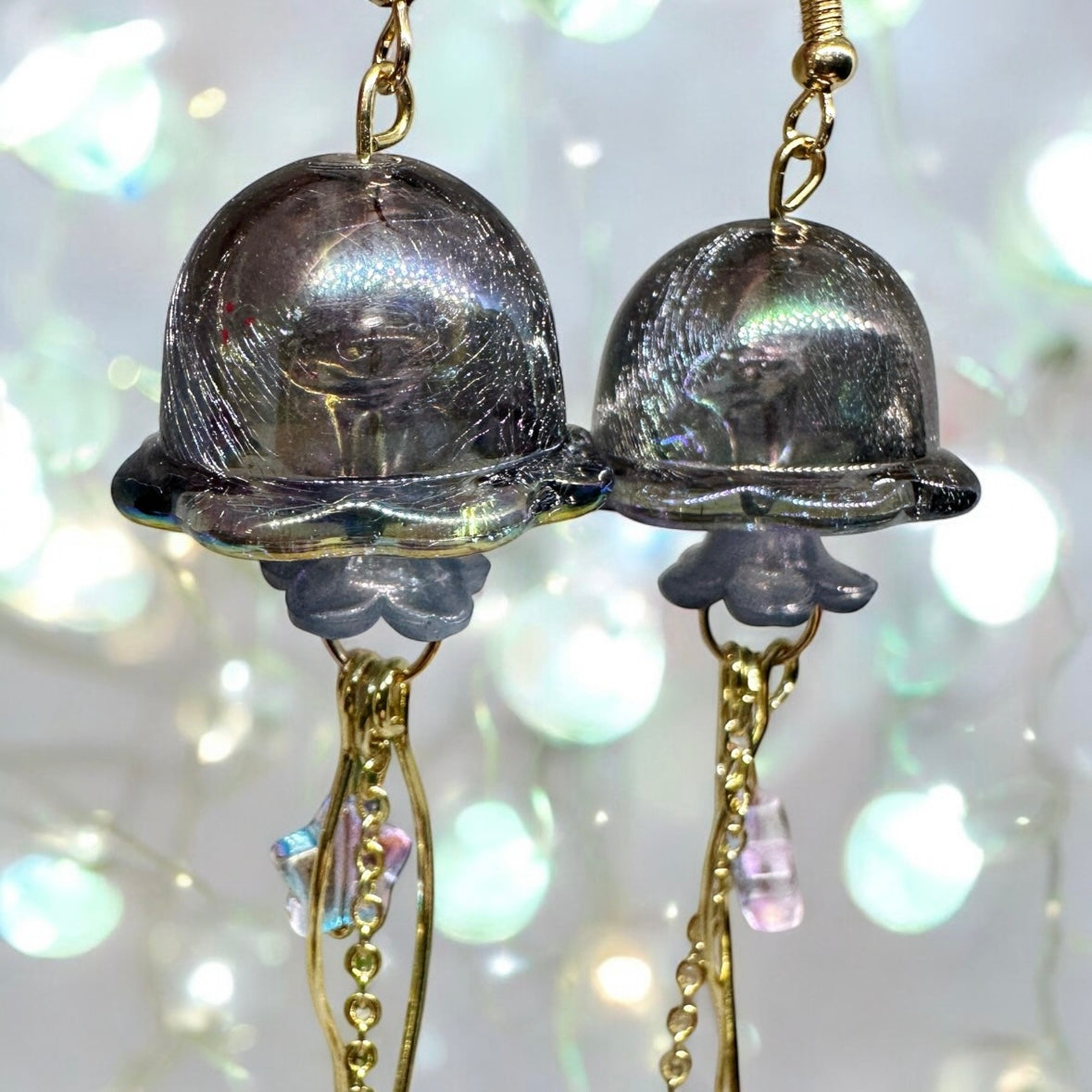 Whimsical - Navy blue sparkly clear Jellyfish earrings | sea creature zoology earrings | colourful clear iridescent dangle oversize earrings | halgoram earrings
