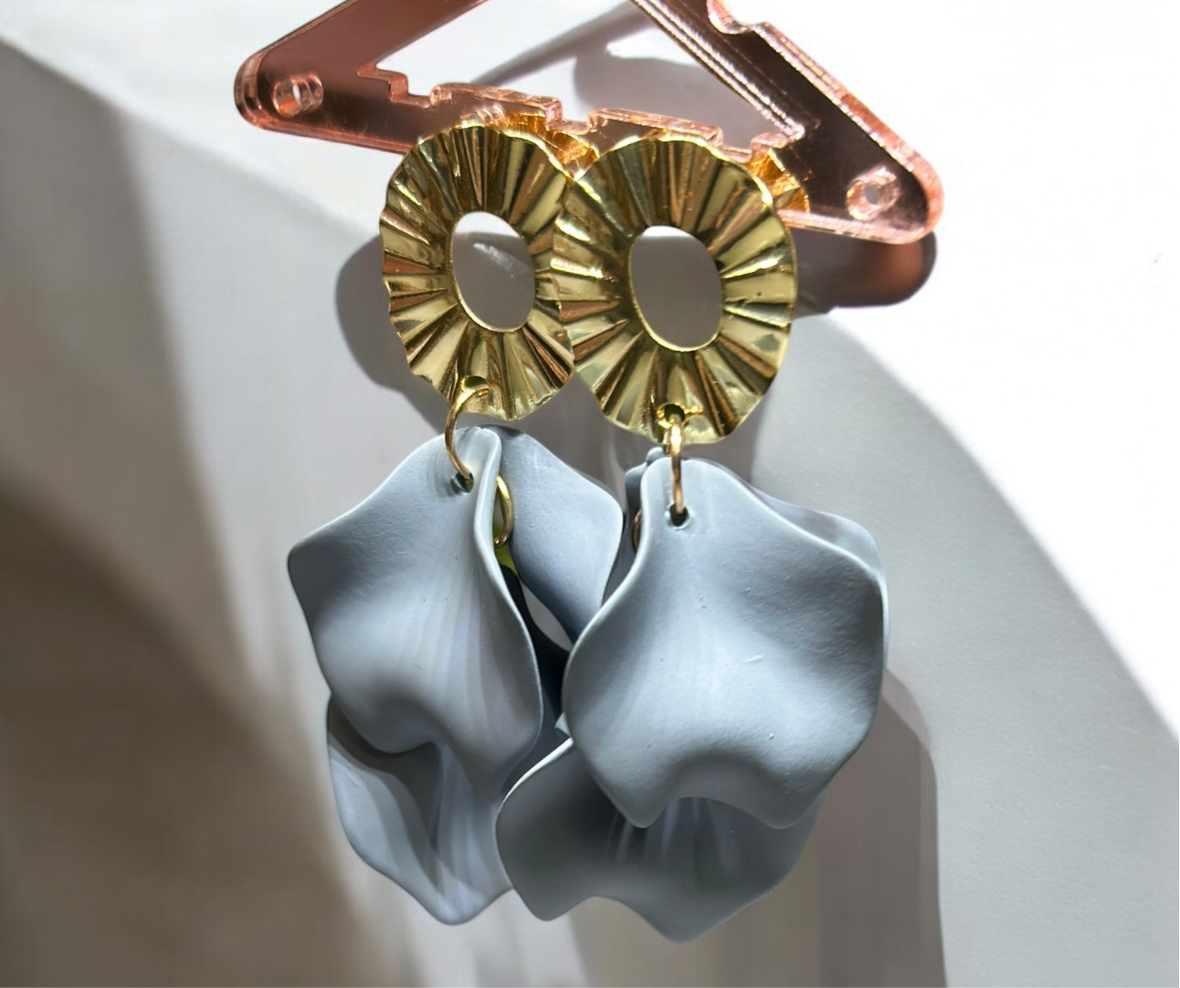 Grey - flower earrings | unique golden disc floral earrings | bridal party wedding earrings