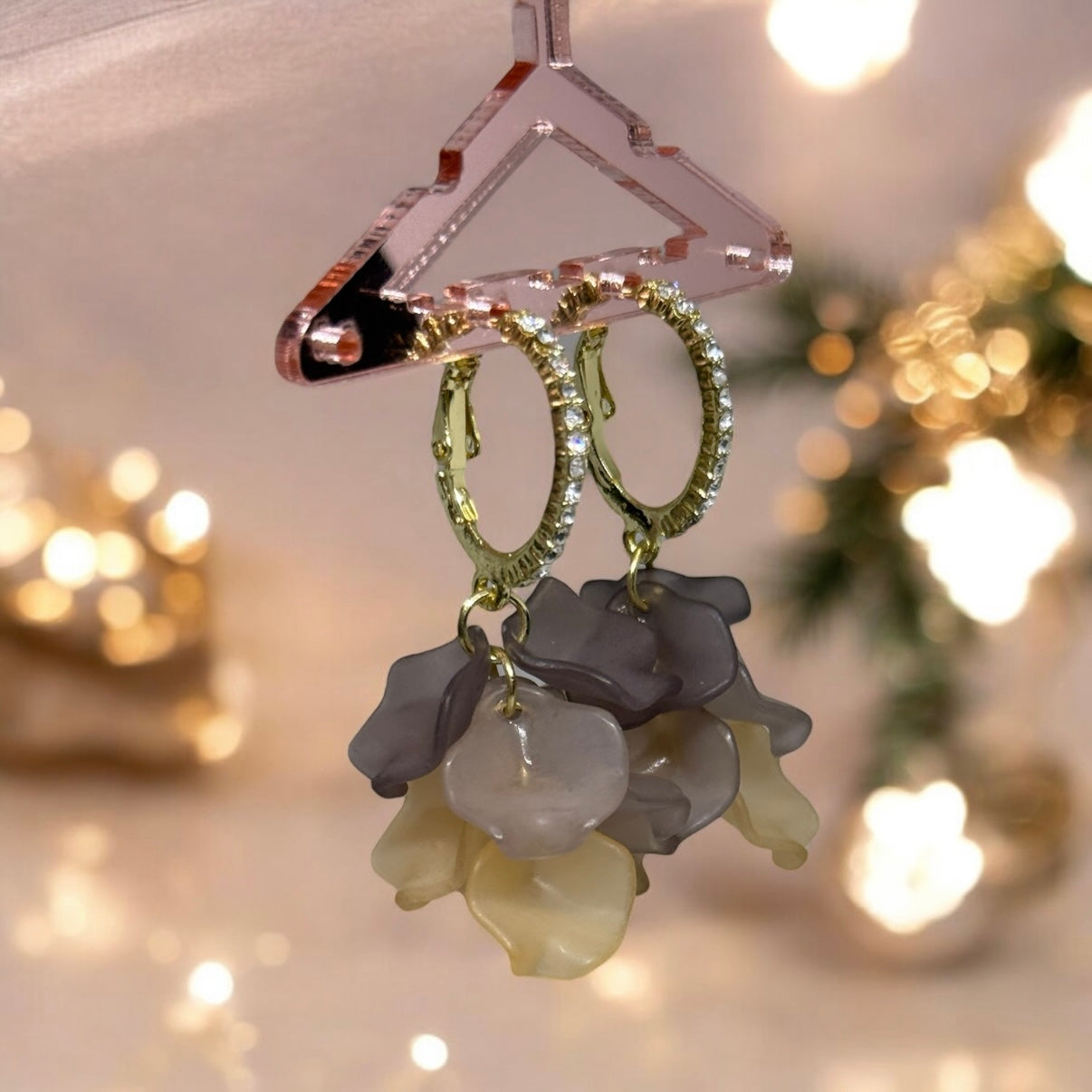 Grey - forsted flower earrings | dangle petals baroque earrings | unique rhinestone gold floral earrings | bridal party wedding earrings - TuttyKnitty