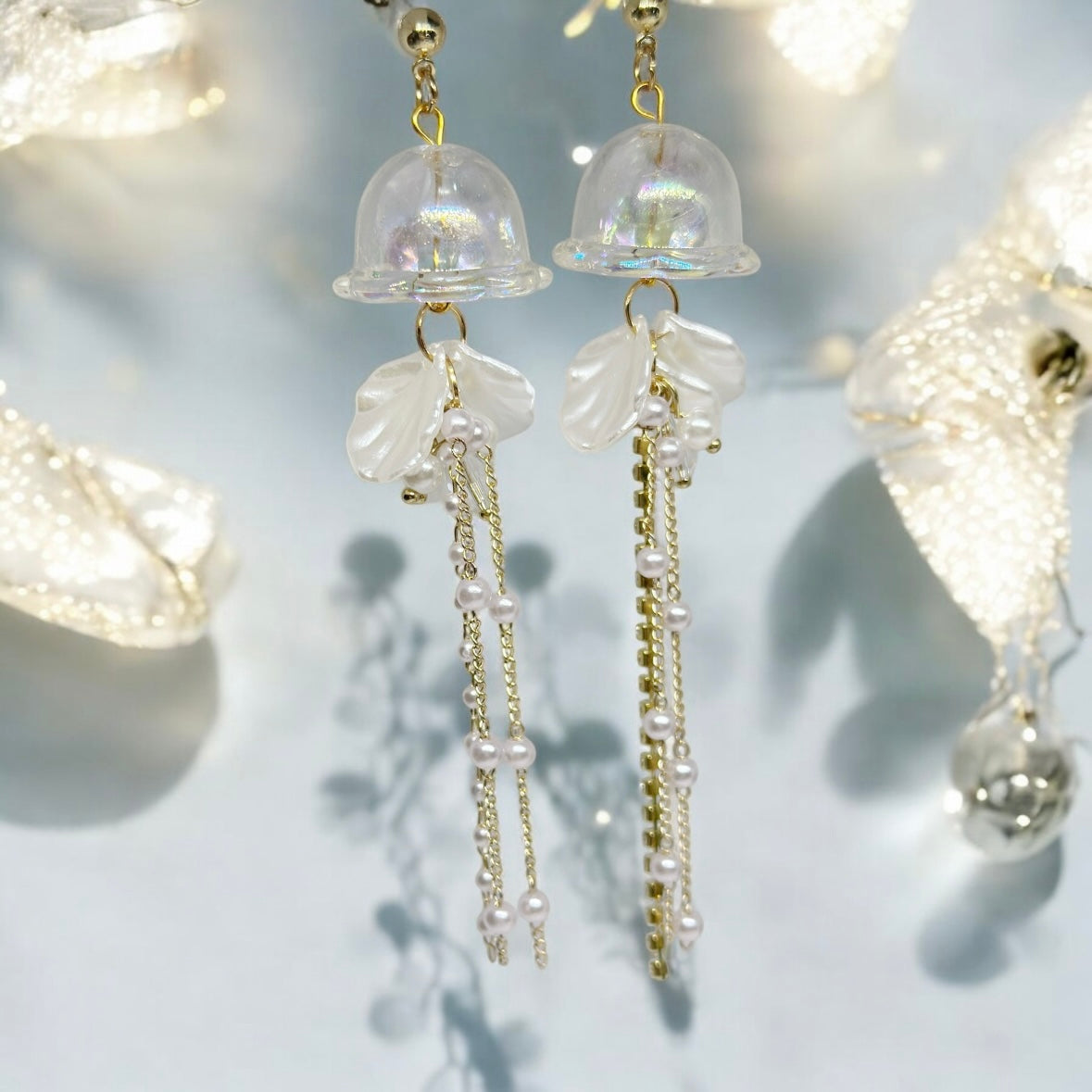 Whimsical - White sparkly clear Jellyfish earrings | sea creature zoology earrings | colourful clear rhinestones dangle earrings | halgoram fun y2k earrings
