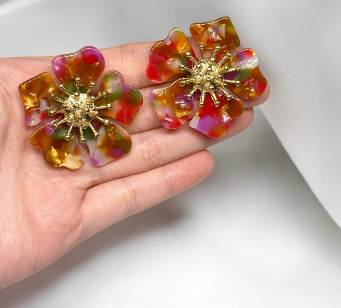 Orange - Big flowers stud earrings | layered petals with rhinestones | spring statement earrings | bridal wedding party earrings