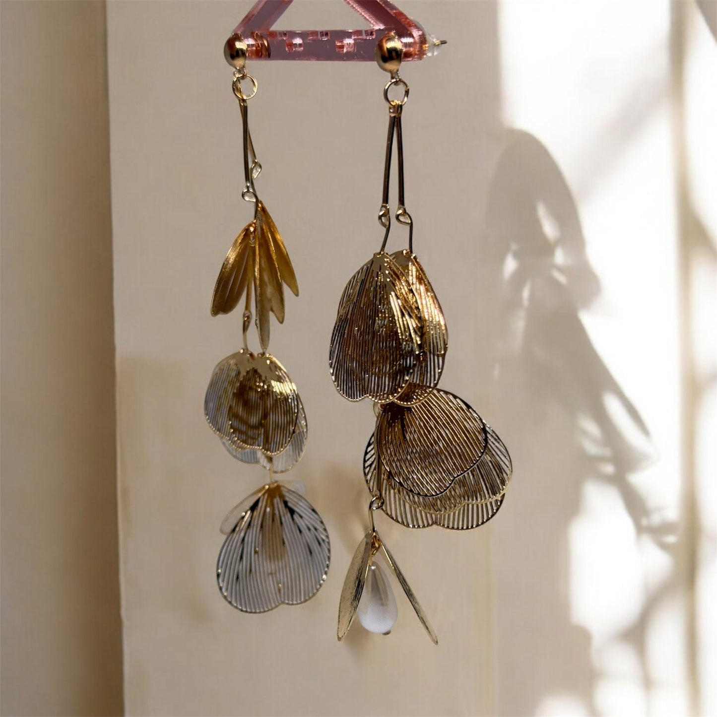Floral - Golden stud leaf earrings with pearl | Aesthetic Jewelry gold statement oversize plant earrings | bridal party dinner casual | leaf dangle