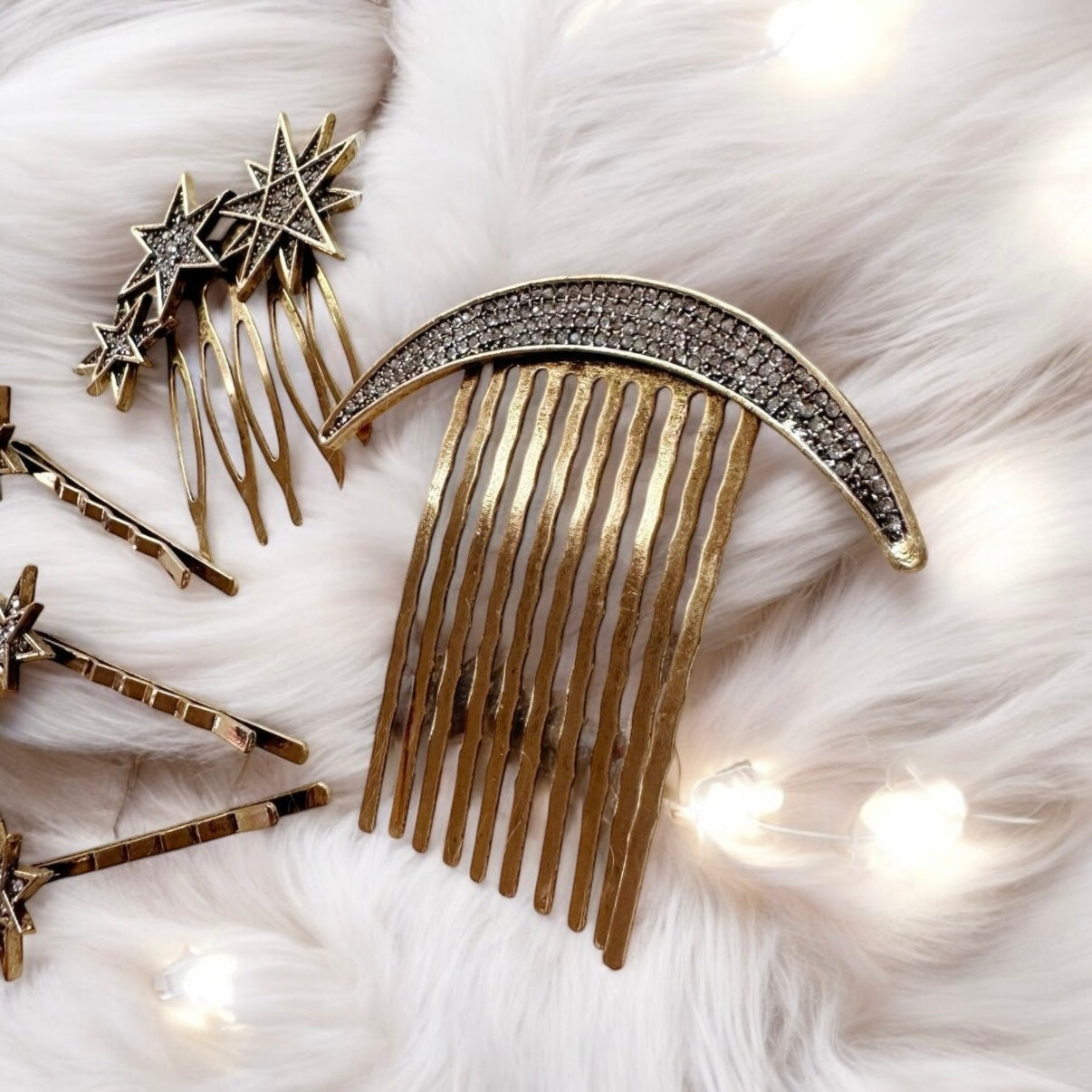 5 pack gold plated glitter stars hair clips and comb with rhinestones | korean hair accessories | vintage celestial hair slides