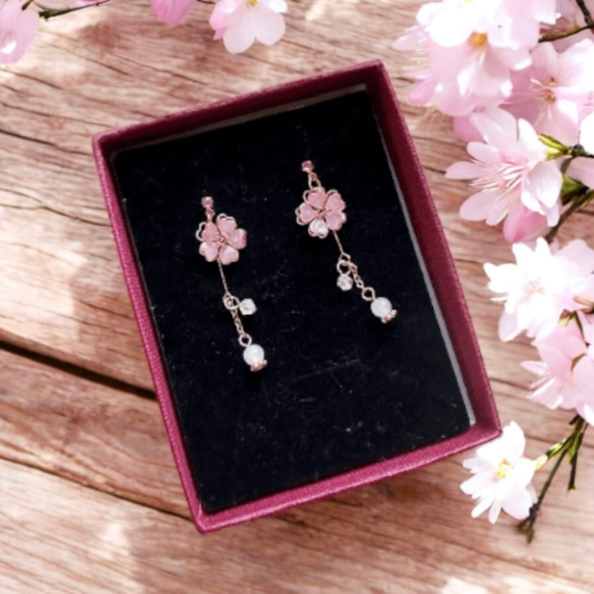 Minimalist - pink sakura earrings |Kawaii cute fun chain earrings | korean art colourful dangle earrings | buttefly flower crystal clear beads