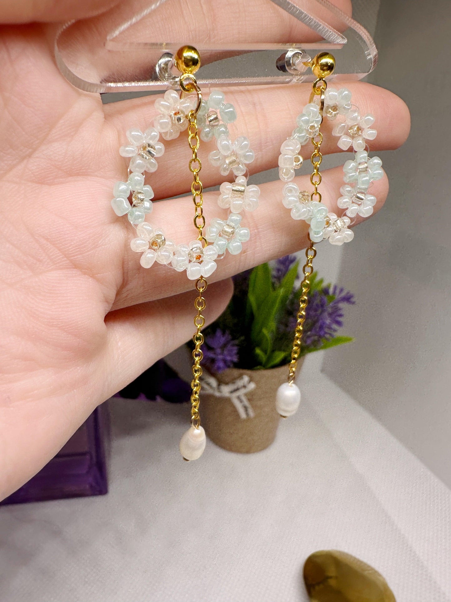 Whimsical - Daisy earrings | golden leaf mini flower earrings | elegant floral dangle chain earrings