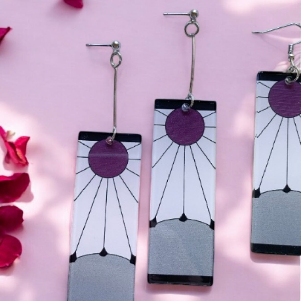 Quirky - Silver rectangle shaped earrings with sun ray| japanese anime dangle earrings | oriental decor drop earrings| cute kawaii | demon slayer
