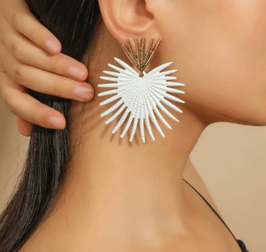 Geometric - White Starburst Flower petal spiky leaf Gold statement earrings | dangly drop earrings | oversize floral earrings | lightweight party earrings