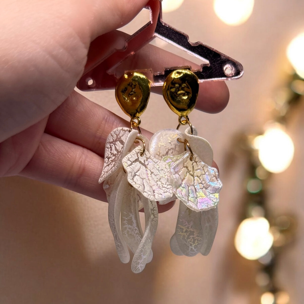 White - Gold and white frosted flower earrings earrings | baroque pearlescent shell petals earrings | spring floral earrings | bridal party wedding