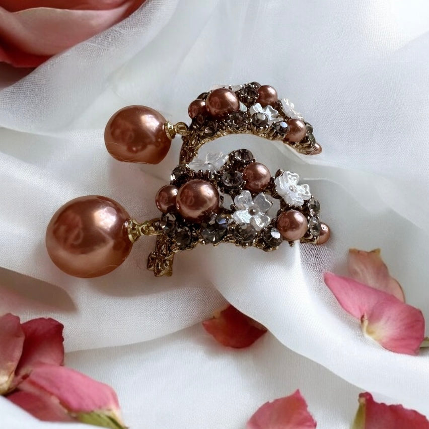 Brown - Copper brown glitter flower earrings | iridescent floral pearl imitation pearl drop earrings | bridal party earrings - TuttyKnitty