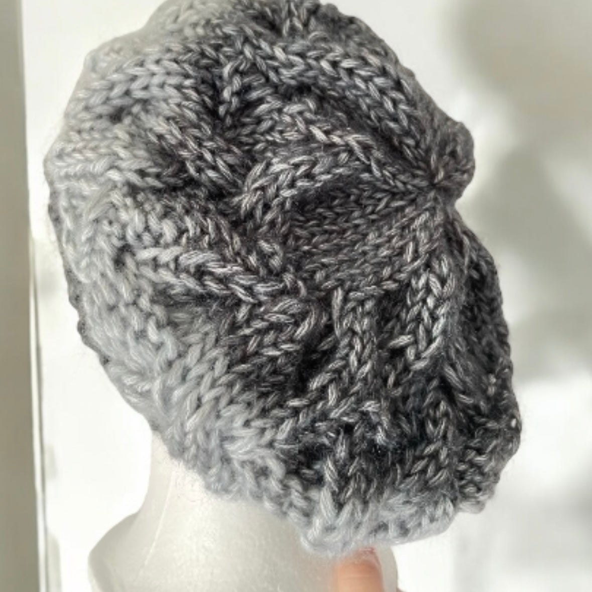 Hand knit Cable Beanie | Knit Beret | Slouchy Hat in ombre grey and black | Knit beanie in monochrome tonal | Fluffy and cozy winter hat