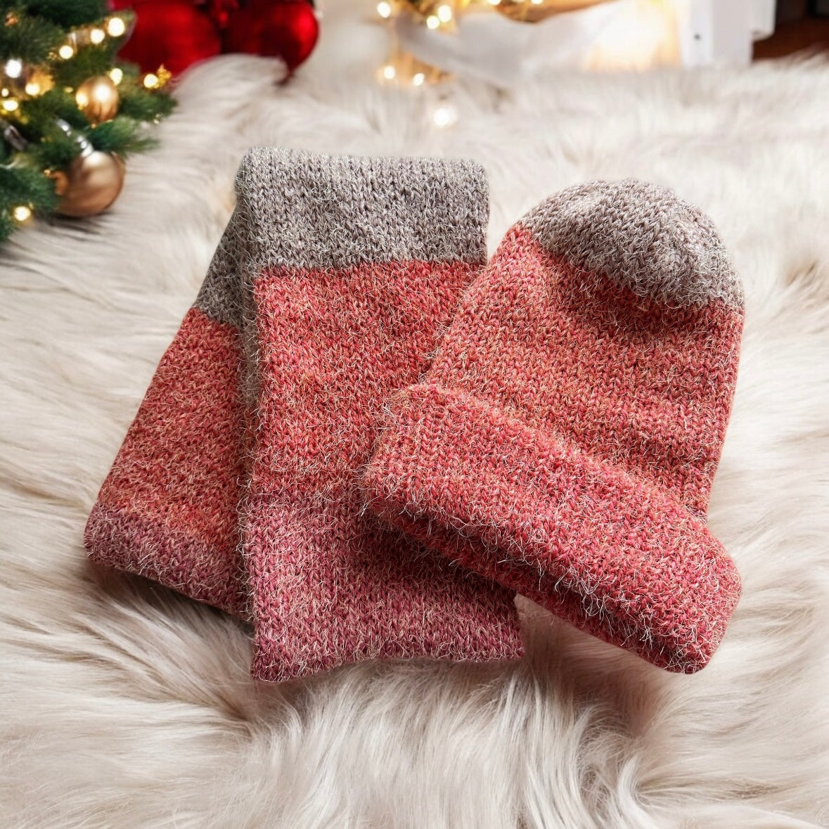 Handmade Double layered hand Knit beanie and circular scarf set | Winter Knit Hat foldable | matching scarf | soft and cozy (orange)