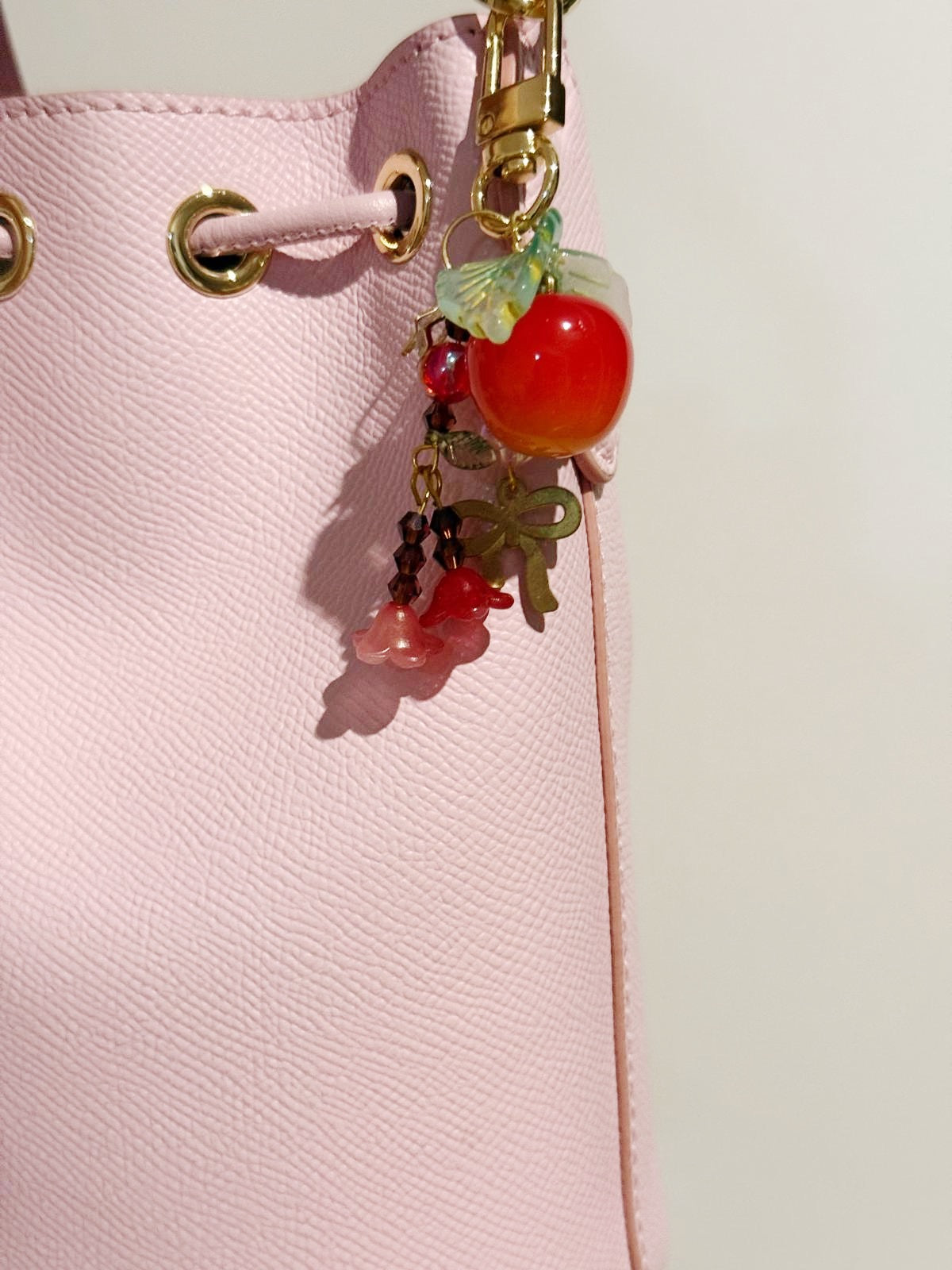 Cherry bag charm | key chain | golden chain with flowers and leaf