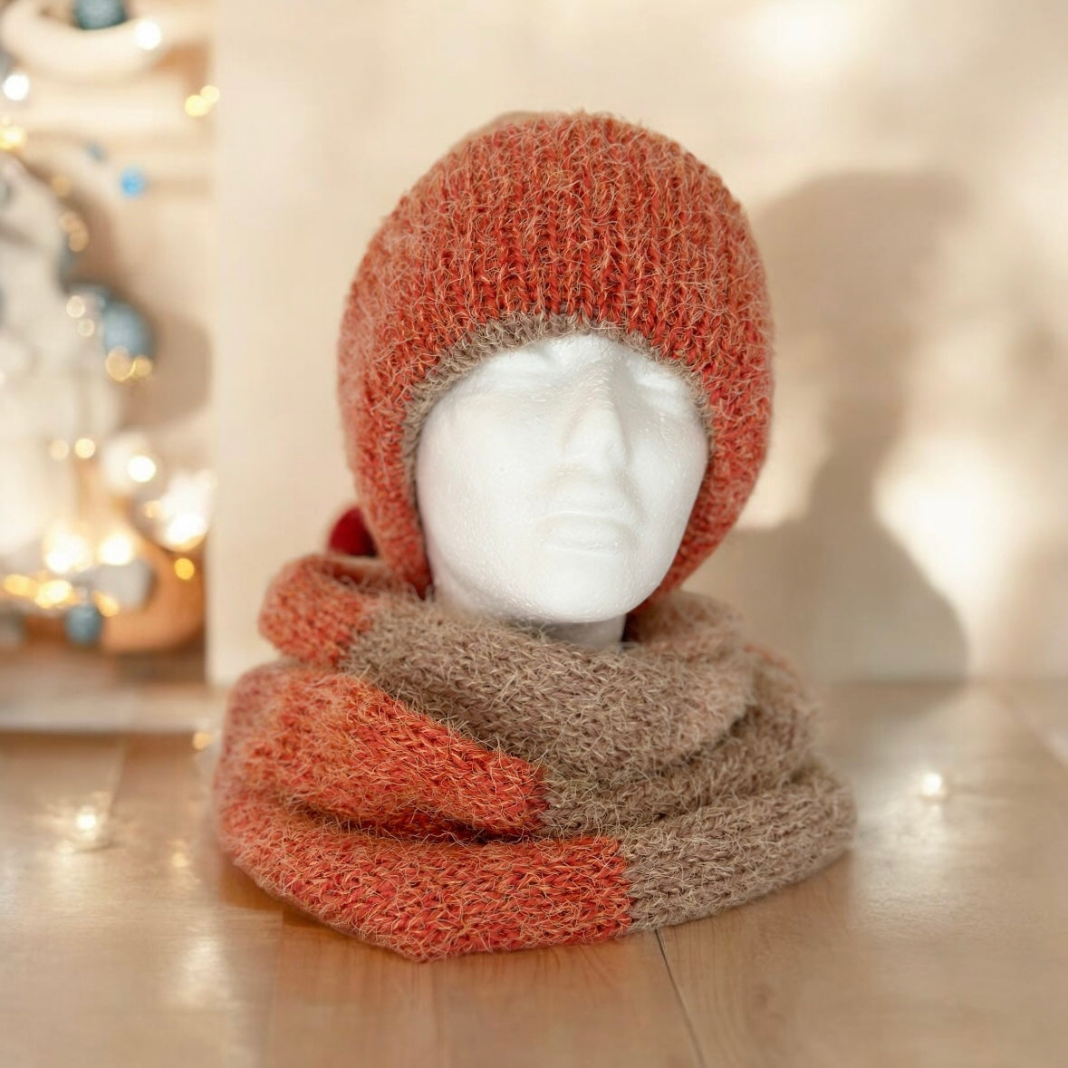 Handmade Double layered hand Knit beanie and circular scarf set | Winter Knit Hat foldable | matching scarf | soft and cozy (orange)