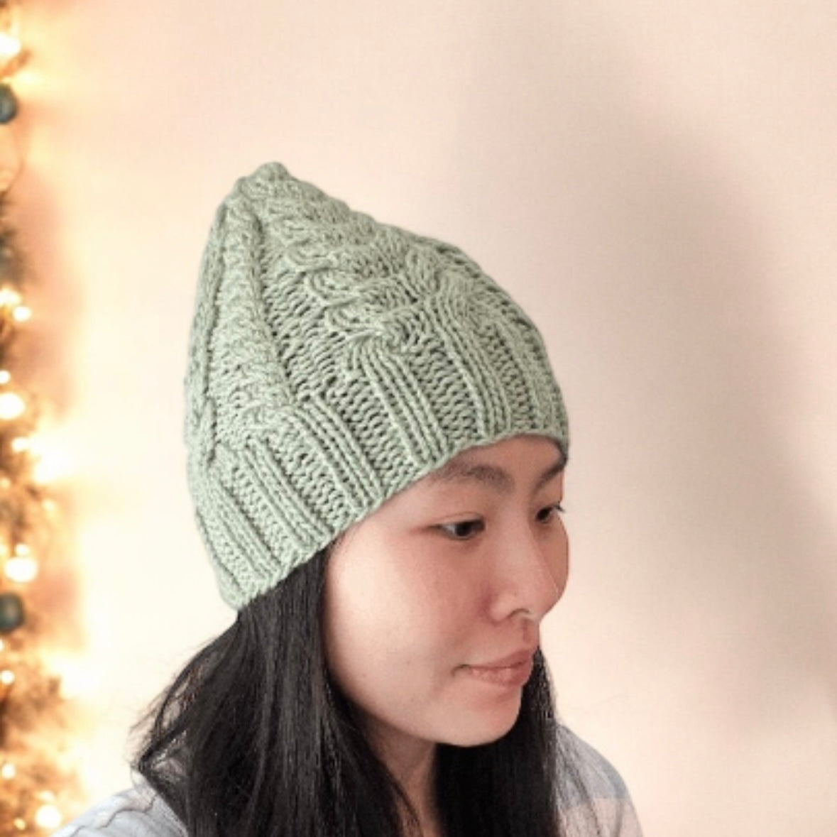 Hand knit Sage green colour Cable Knitted | pastel colour autumn tone knit hat | adult women or men beanie | Winter knit briaded hatty light purple hat