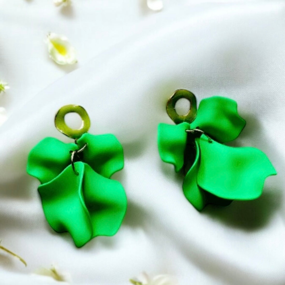 Green - Light green flower earrings | dangle petals statement earrings | unique golden bar floral earrings | bridal party wedding earrings - TuttyKnitty