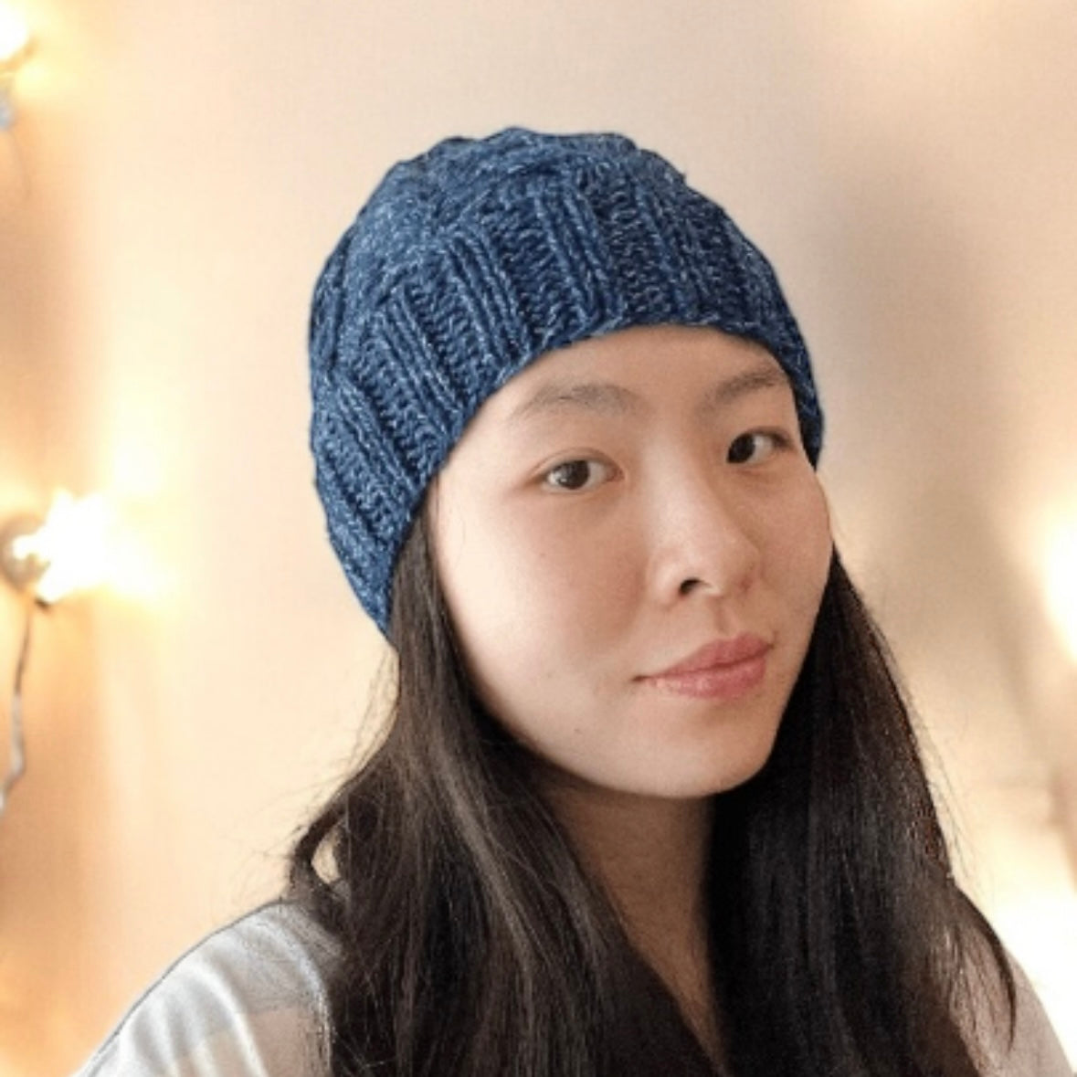 Hand knit Dark Blue Cable Knitted Beanie with Denim Effect | blue knit hat | adult women or men beanie | Winter knit slouchy hat