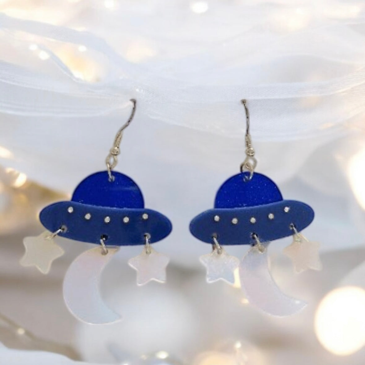Quirky - Blue planet earrings | spaceship ufo earrings | colourful clear iridescent dangle earrings | halgoram fun earrings