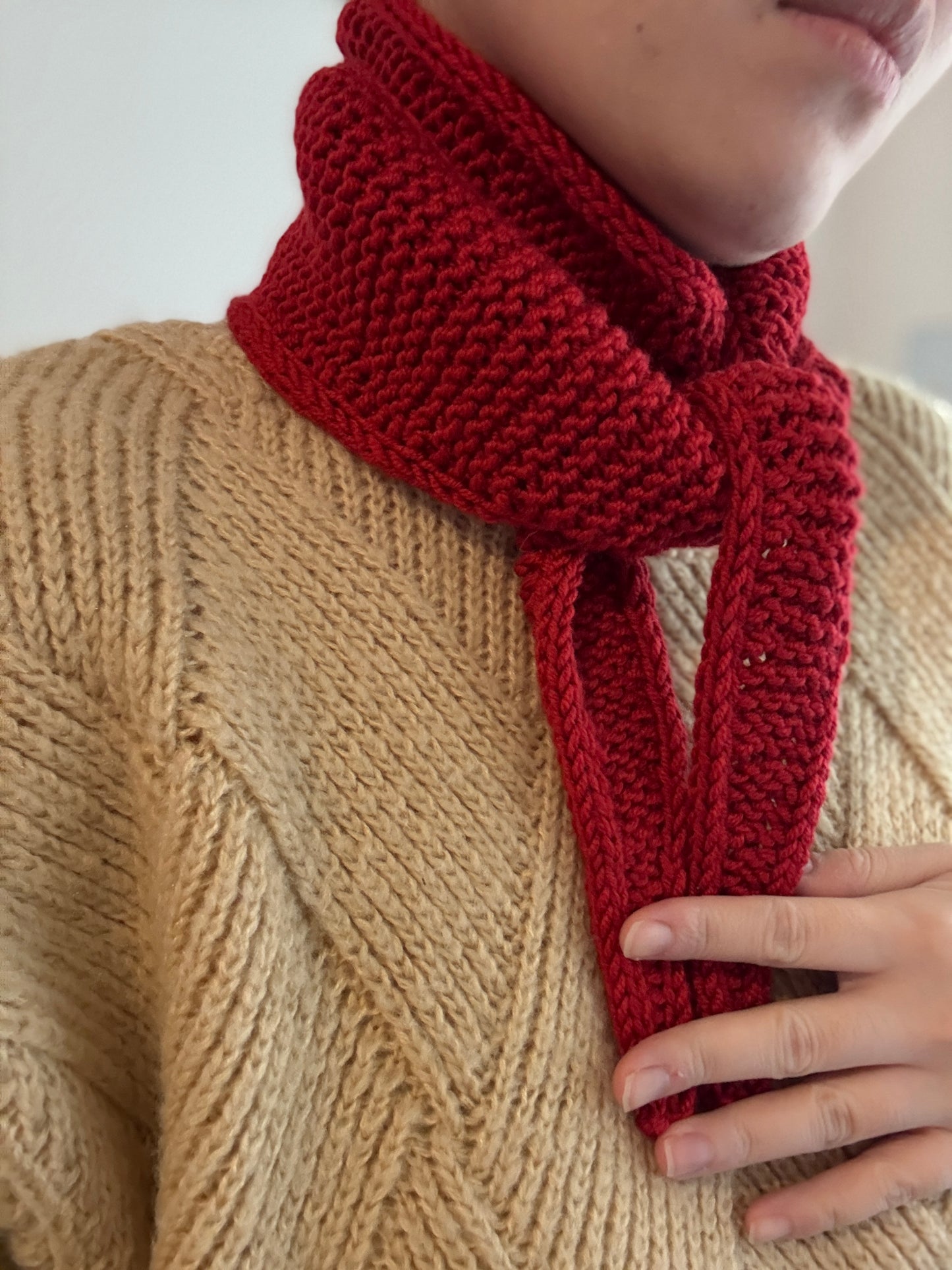 Sophie scarf in chilie pepper red | hand knit neckechief | winter wrap | small skinny scarf | handmade gift | tiktok viral scarf | wool yarn