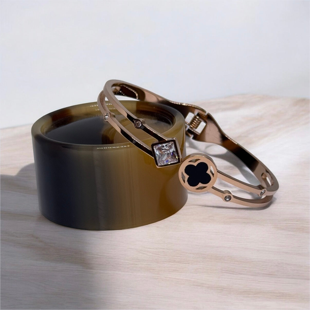 Rose Gold bangle with clover patterns | rhinestones embossed
