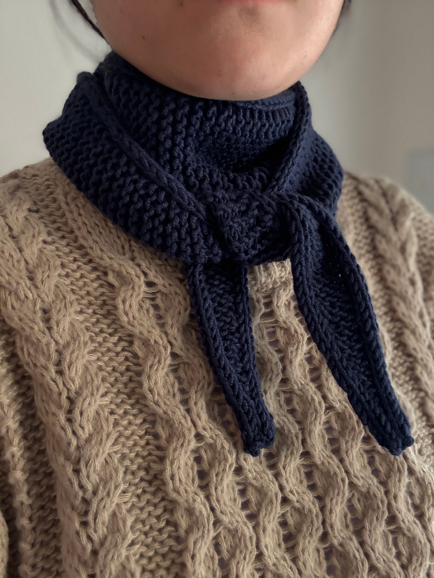 Sophie scarf navy | hand knit neckechief | winter wrap | small skinny scarf | handmade gift | tiktok viral scarf | wool yarn