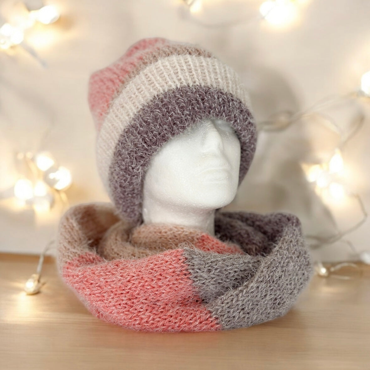 Handmade Double layered hand Knit beanie and circular scarf set | Winter Knit Hat foldable | matching scarf | soft and cozy (pink)