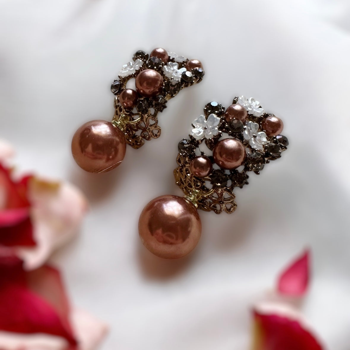 Brown - Copper brown glitter flower earrings | iridescent floral pearl imitation pearl drop earrings | bridal party earrings - TuttyKnitty