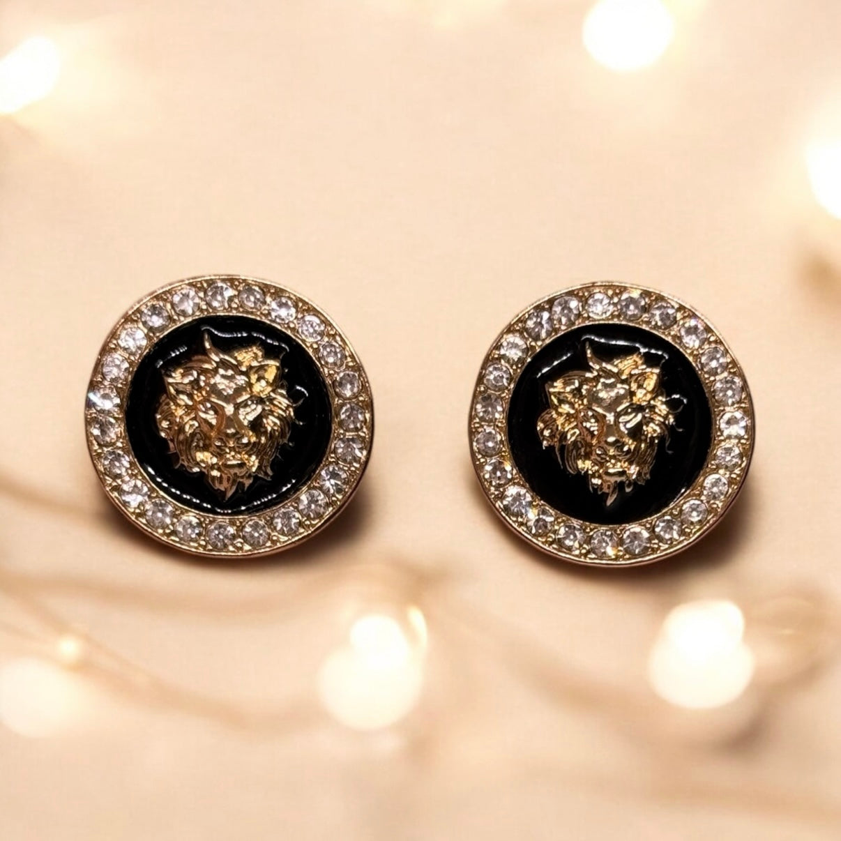 Lux - Gold and black stud earrings | Lion head earrings | korean earrings | baroque style earrings| Medallion shaped dangle earrings