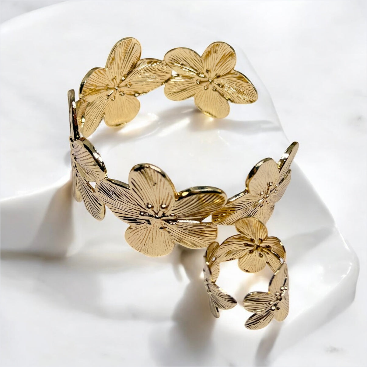 Golden flower bangle and ring set | adjustable