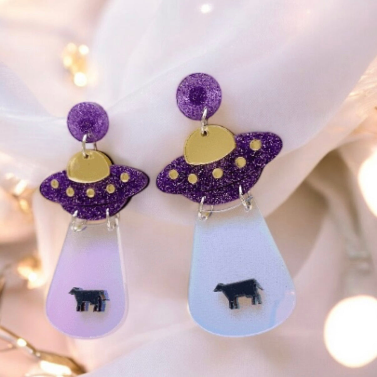 Quirky - UFO cow earrings | hologram iridriscent earrings | quirky fun cute kawaii earrings | acrylic art earrings | scientific research mystery news