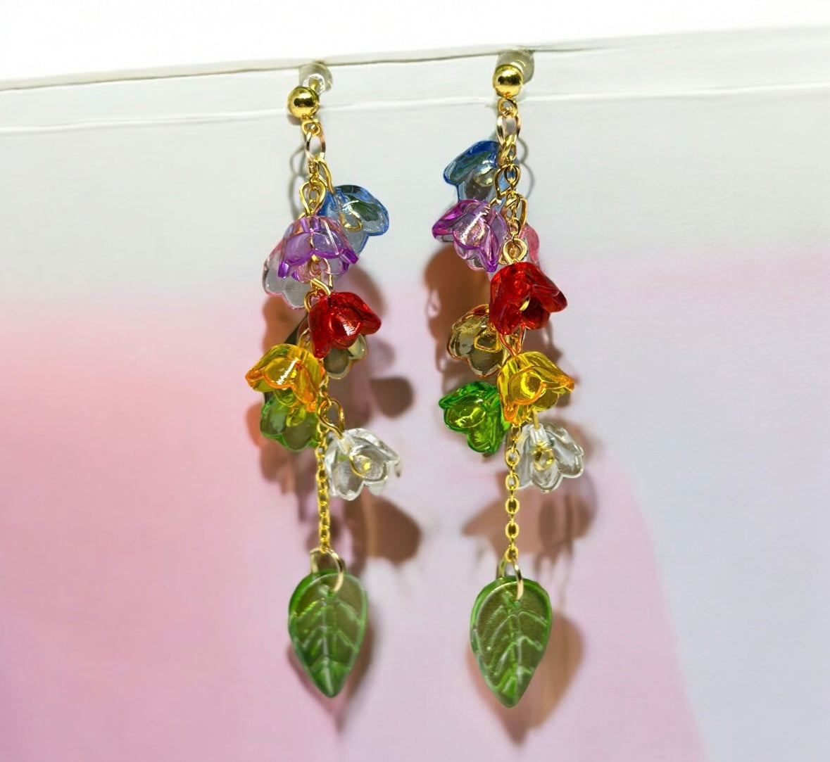 Whimsical - Rainbow flower earrings | golden leaf mini flower earrings | elegant floral dangle chain earrings