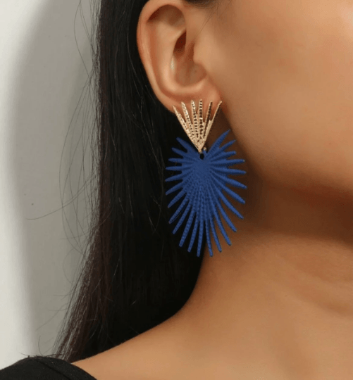 Geometric - Blue Starburst Flower petal spiky leaf Gold statement earrings | dangly drop earrings | oversize floral earrings | lightweight party earrings