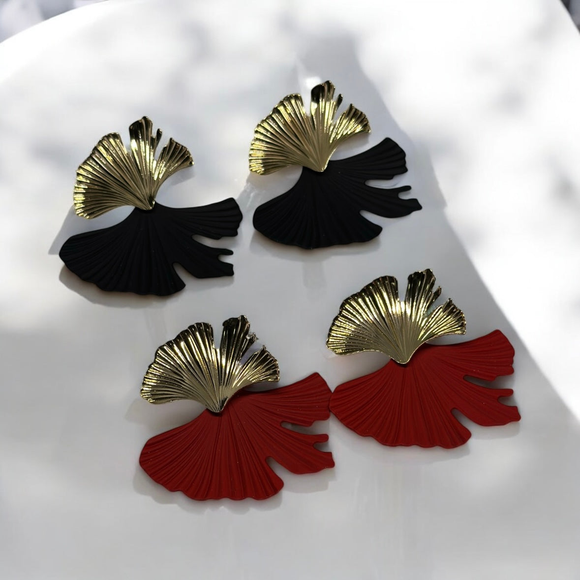 Floral - Ginkgo leaf Flower Gold statement earrings | dangly drop earrings | floral geometric earrings | Korean earrings