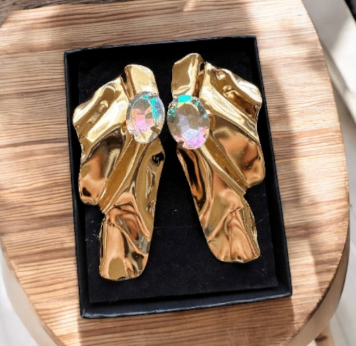 Geometric - Gold twisted shaped embossed earrings| Crumpled geometric earrings | foiled gold oversize statement earrings |art abstract baroque style