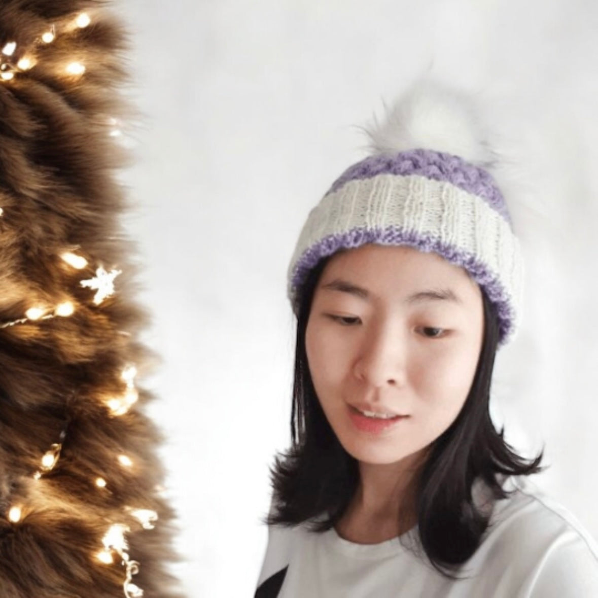 Cable beanie with Fur Pom Pom in Light Purple | Lilac - hand Knit Cable beanie - Knit winter Hat - Pom Pom knit hat - beanie - TuttyKnitty