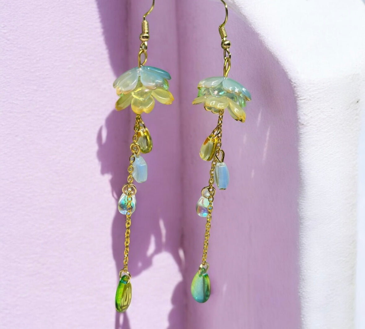 Whimsical - Blue pastel yellow flower earrings | pink raindrop dangle earrings