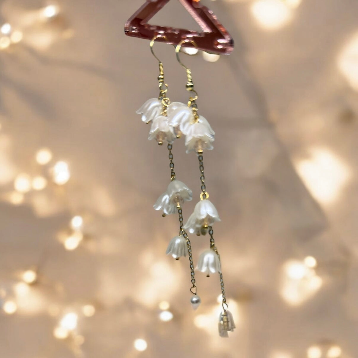 Whimsical - Lily of the valley earrings |Kawaii cute fun chain earrings | korean art colourful dangle | white or pink frosted flower bridal earrings - TuttyKnitty